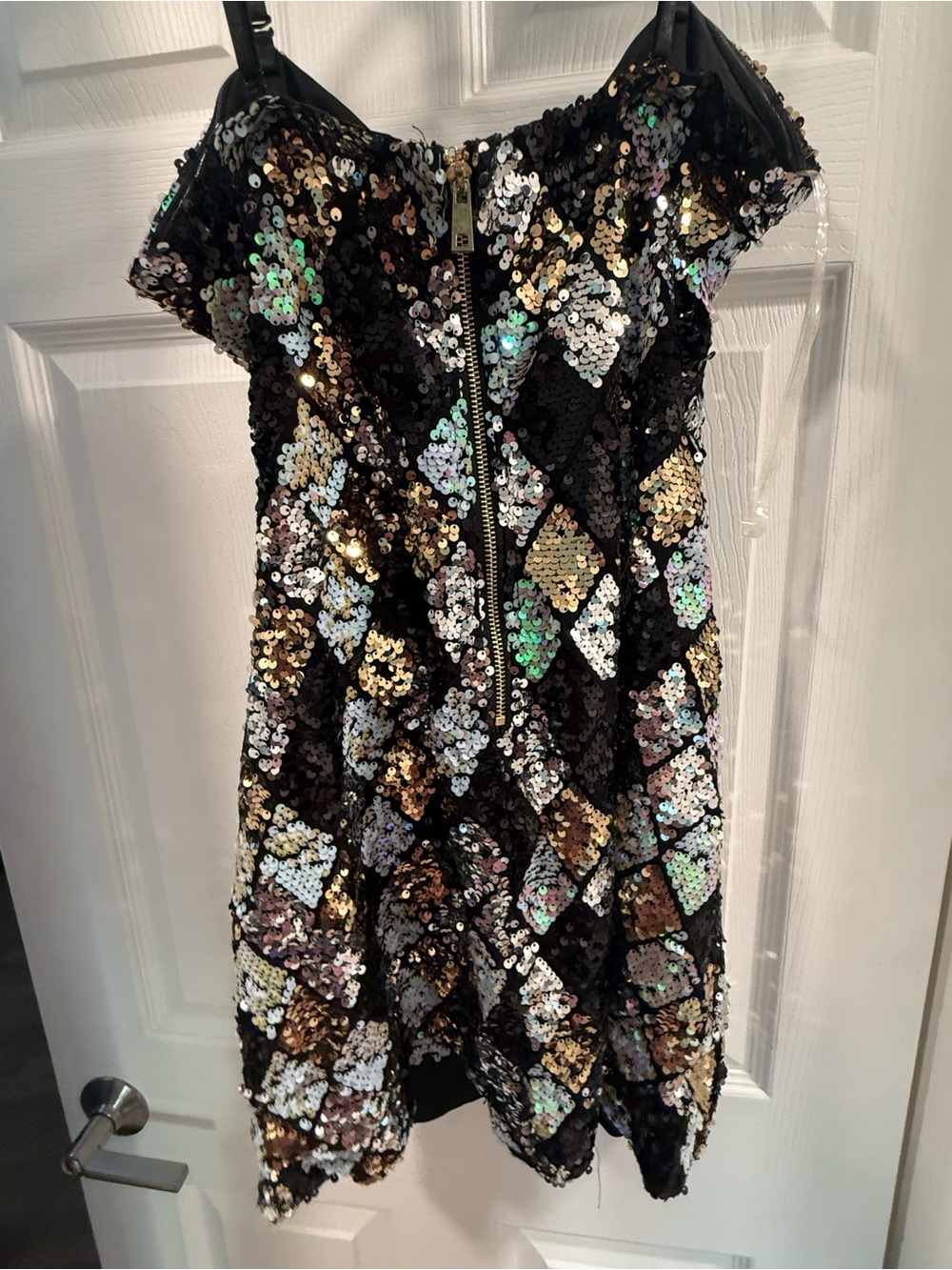 12th Tribe Strapless Sequin Mini Dress in Gold, Black & Iridescent - Picture 3 of 4